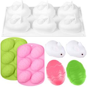 lot 10168 image: 3 Pieces Easter Egg Shape and Bunny Cake Baking Mold DIY Chocolate Mold for Easter Handmade Soap Pastry Cake Dessert Decoration (Green, Pink, White)