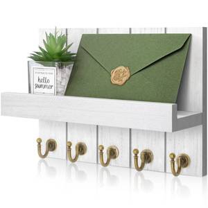 lot 10175 image: Rebee Vision Key Holder for Wall - Decorative Mail Organizer Wall Mount with 5 Key Hooks for Modern Farmhouse Apartment Essentials - Home Decor for Living Room (Rustic White)