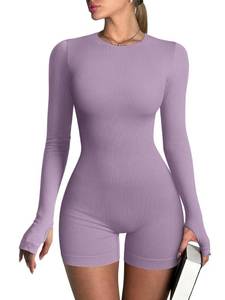 lot 10180 image: OQQ Women�s Yoga Rompers Ribbed Long Sleeve Crew Neck Tops Exercise Rompers Taro purple size xl