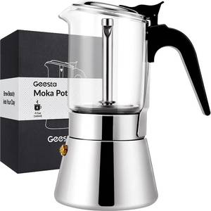 lot 10188 image: GEESTA Premium Crystal Glass-Top Stovetop Espresso Moka Pot - 4  6 9 Cups - Stainless Steel Coffee Maker- 160ml5.6oz4 cup (esHimpresso cup40ml)- Valentines Day Gifts