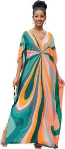 lot 10193 image: caftans for women Floral Print Kaftan Dresses Ethnic Boho Print swim cover up Batwing Sleeve mrs roper dress Vneck Plus Size beach Cover Up Batwing Sleeve mumu dresses 70s outfits 1126-4
