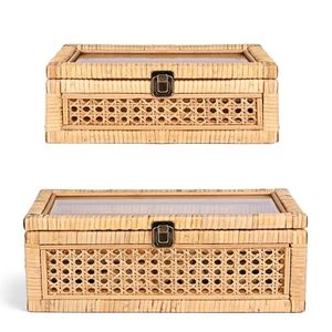 lot 10201 image: HUAXIN CRAFT H Rattan Decorative Box with Lid, Rectangular Woven with Glass for Display, Set of 2 Wicker for Decor
