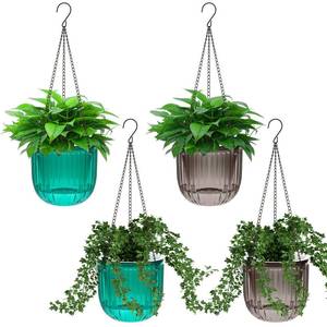 lot 10221 image: 4 Pcs Self Watering Hanging Planter Indoor 6.5 Inch Hanging Baskets for Plants Outdoor Plastic Hanging Flower Pot with 3 Hooks Chains Drainage Holes for Garden Home, Medium Size (Emerald, Gray)