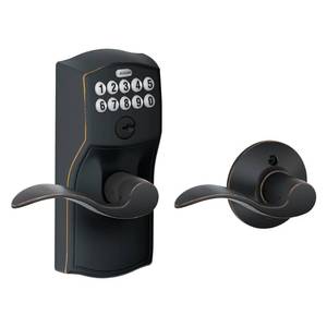 lot 10248 image: Schlage FE575 CAM 716 ACC Camelot Keypad Lock with Accent Lever, Auto-Lock, Electronic Keyless Entry, Aged Bronze - Retail $101.98