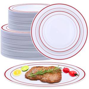 lot 10254 image: 100 Pieces Party Plates Disposable Dinnerware Set 50 Guests Disposable Plastic Dinnerware for Party Dinner and Salad Plates, Plastic Plate with Elegant Rim for Wedding Graduation Party(Red Rim)