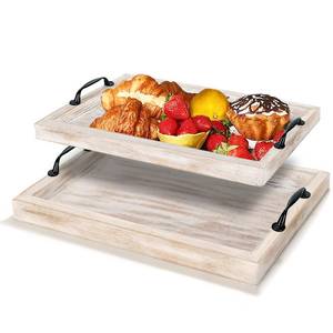 lot 10277 image: Set of 2 Rustic Farmhouse Wooden Serving Tray with Handles, Nesting White Decorative Trays for Coffee Table Ottoman Kitchen Bed Dining Table Centerpiece Rectangular Tray for Food Fruits Coffee Candles