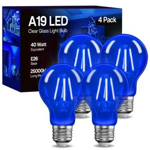 lot 10293 image: Eastiya Blue LED Light Bulbs 40 Watt Equivalent 4W, A19 Clear Glass Outdoor, 240LM, E26 Base for New Year, Porch Home Lighting, Wedding Party, Bar Decor, Christmas, Non-Dim, 4-Pack