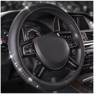 lot 10296 image: CAR PASS Bling Diamond Black Leather Steering Wheel Cover, Studded Crystal Rhinestones Universal Fit 14 12-15 Glitter for Women Sparkle Girl Fit Suvs,Vans,Sedans,Car,Trucks, Silver Diamond