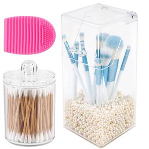 lot 10299 image: Lefiocky Makeup Brush Holder with Lid and Qtip Holder Set, Clear Comestic Brush Storage Box Containers with Pearls and Makeup Brush Cleaner for Bathroom, Dresser