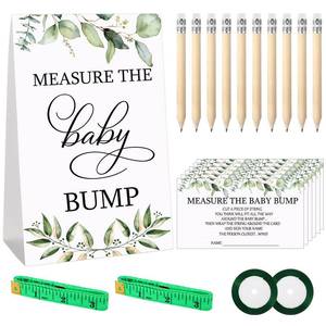 lot 10311 image: 65 Pieces Baby Shower Game Set 1 Measure the Baby Bump Sign Measure Mommys Belly Game and 50 Guessing Cards 10 Pencils 2 Ribbons 2 Measuring Tapes for Baby Shower Party Decorations (Greenery)