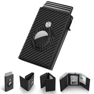 lot 10312 image: Mens Smart Wallet Card Holder for AirTag Leather, Compatible with Apple Air Tag, RFID Blocking, Slim, Carbon Fiber, Minimalist - 9-14 Card Capacity  ID Window  Cash Slot (Black)