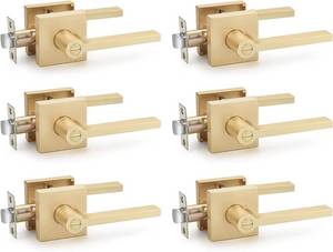 lot 10319 image: EHOMEWARE 6 Pack Door Handles, Satin Brass Door Knobs Privacy Function Without Keys, Bedroom Bathroom Door Knobs Interior for Left or Right Handed Doors, Gold Modern Door Levers - Retail $112.49