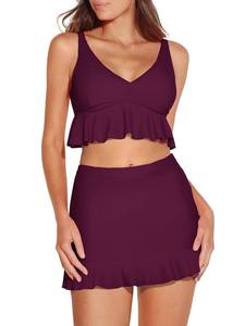 lot 10346 image: Summer Mae Womens Two-Piece Tankini Swimsuit High-Waisted Bikini Set with Swim Skirt Ruffle V-Neck Bathing Suit Plum Small