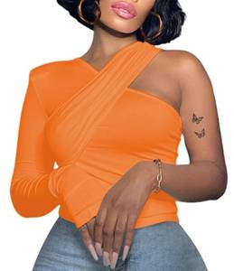 lot 10347 image: SOFIAS CHOICE One Sleeve Tops for Women Going Out Tops One Shoulder Long Sleeve Sexy Shirts Orange Large