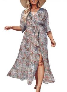 lot 10348 image: Eytino Womens Plus Size V Neck Summer Floral Printed Chiffon Kimono Maxi Dresses 34 Sleeve Wrap Belted Chiffon Long Dress High Slit Oversize Flowy Beach Vacation Dress Gray 3X