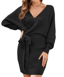 lot 10351 image: HRUTANE Womens Sweater Dress V Neck Batwing Long Sleeve Wrap Knitted Backless Sexy Bodycon Pullover Dress,Black M