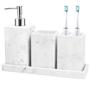 lot 10373 image: Bathroom Accessories Set, FoverOne 4PCS White Marble Bathroom Accessory Set with Tumbler, Toothbrush & Toothpaste Holder, Lotion Dispenser and Vanity Tray