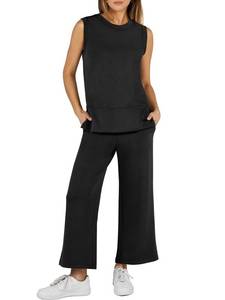 lot 10385 image: ANRABESS Womens 2 Piece Sets Summer Outfits Sleeveless Wide Leg Tracksuits Casual Sweat Sets Lounge Sweatsuits Black Small