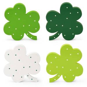 lot 10481 image: AKEROCK St Patricks Day Decorations, 4 PCS Wooden Shamrock Signs for Table, Tiered Tray, Fireplace Mantle and Shelf Decor - Saint Patricks Day Decorations for the Home