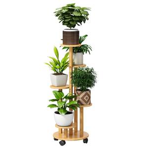 lot 10488 image: FILWH Plant Stand For Outdoor Indoor Tall Bamboo Movable Flower Stand With Wheels Plant Shelf Pot Holder Plants Corner Display Rack Multiple Planter For Living Room Balcony Garden Patio (Natural)