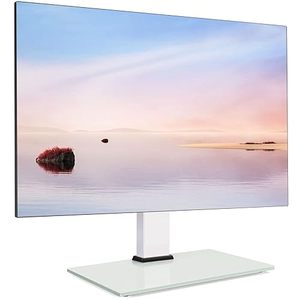 lot 10490 image: FITUEYES Universal TV Stand White for 27-55 Inch TV - Table Top TV Stand Mount with Glass Base, Pedestal TV Mount Stand for Bedroom, Living Room, Height Adjustable, Holds 88lbs