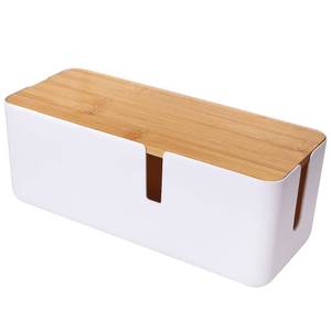 lot 10521 image: Changsuo Small Cable Management Box with Bamboo Lid for Extension Cord Power Stripe Surge Protector Wire Concealer Organizer Cover Hider (White)