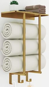 lot 10522 image: Towel Rack with Metal Shelf and 3 Hooks, Bethom Towel Racks for Bathroom Wall Mounted, Metal Gold Bath Towel Holder Storage Wall for Small Bathroom