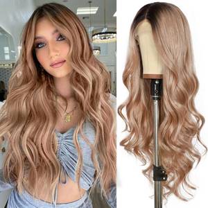 lot 10540 image: SAPPHIREWIGS Brown Lace Front Wigs for Women Glueless Long Body Wave Ombre Khaki Brown Wig Synthetic Lace Front Wig for Women Party Date Daily Wear Use 26 Inches