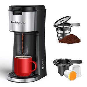 lot 10541 image: Famiworths Single Serve Coffee Maker for K Cup & Ground Coffee, With Bold Brew, One Cup Coffee Maker, 6 to 14 oz. Brew Sizes, Fits Travel Mug, Classic Black