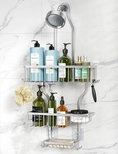lot 10583 image: YASONIC Hanging Shower Caddy Over Shower Head with 10 Hooks for RazorSponge, Soap Basket Never Rust Aluminum, Large - Silver