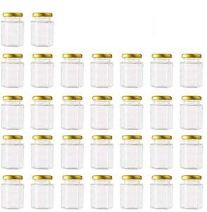 lot 10585 image: Encheng 4 oz Clear Hexagon Jars,Small Glass Jars With Lids(Golden),Mason Jars For Herb,Foods,Jams,Liquid,Spice Jars For Storage 30 Pack