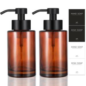 lot 10590 image: JiatuA Foaming Soap Dispenser Set, Clear Brown Glass Hand Soap Dispenser with Matte Black 304 Rust Proof Stainless Steel Pump Waterproof Labels, Bottles for Bathroom Decor Kitchen College Dorm, 2 Pack
