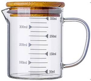 lot 10607 image: KINNOSE Graduated Beaker Mug with Handle and Durable Bamboo Lid Borosilicate Glass Multi-Function Food Grade Measuring Cup 350ML