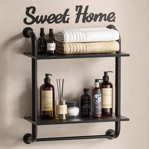 lot 10613 image: Tinpin Bathroom Shelves Wall Mounted, Rustic Farmhouse Pipe Shelves, Wall Shelves 2-Tier, Industrial Pipe Shelving, Floating Shelf Wall Decor for Bathroom, Kitchen, Bedroom, Living Room 17.3in Black