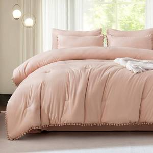 lot 10618 image: Litanika Comforter Full Size Set Pink,3 Pieces Blush Boho Pom Pom Lightweight Bed Comforter Full,All Season Solid Color Bedding Comforter Sets for Girls (1 Comforter 79x90 Inch, 2 Pillowcases)