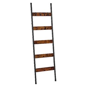 lot 10667 image: HOOBRO Blanket Ladder, 5-Tier Towel Rack with Hooks, Wall-Leaning Blanket Rack, Decorative Display Ladder Shelf, Scarves, Industrial, Living Room, Bedroom, Rustic Brown and Black BF52CJ01
