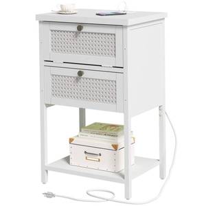 lot 10670 image: End Table with Charging Station, 2 Tier Rattan Decorated Nightstand with USB Ports and Outlets, Bedside Table with Drawer, White Modern Sofa Side Table for Bedroom, Living Room, Office