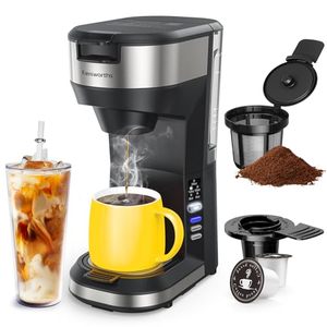 lot 10676 image: Famiworths Upgraded Hot and Iced Coffee Maker for K Cups and Ground Coffee, 4-5 Cups Coffee Maker and Single-serve Brewers, with 30Oz Removable Water Reservoir, 6 to 24Oz Cup Size, Classic Black