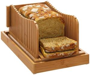 lot 10681 image: Bread Slicer, Bamboo Wood Homemade Bread Guide, 3 Slice Thickness, Foldable Compact Cutting Guide with Crumb Tray