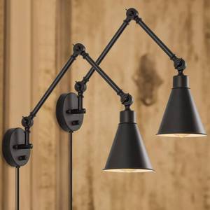 lot 10686 image: CADUKE Swing Arm Wall Lamp for Bedroom, Set of 2 Plug in Wall Light Fixture with Dimmable Switch, Industrial Metal Black Wall Reading Sconce for Living Room Farmhouse Hallway