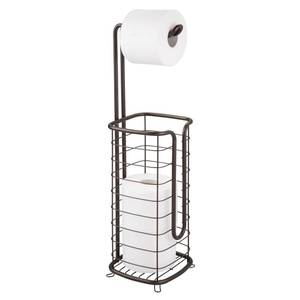 lot 10691 image: mDesign Steel Free Standing Toilet Paper Holder Stand and Dispenser Stand with Storage for Extra Toilet Paper in Bathroom - Holder 3 Mega Rolls of Toilet Tissue - Omni Collection - Chrome