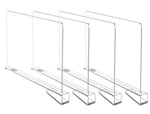 lot 10702 image: HBlife 4 Pack Clear Shelf Dividers, Vertical Purse Organizer for Closet Perfect for Sweater, Shirts, Handbags in Bedroom and Kitchen, Adjustable Acrylic Bookshelf for Organization