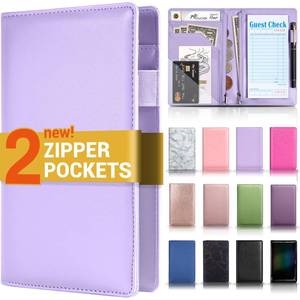 lot 10712 image: Server Book with 2 Zipper Pockets, Leather Server Books for Waitress, Waiter Book, Sturdy Waitress Book with Money Pocket and Zipper, Servers Book Booklet Checkbook Fit Server Apron, Lavender