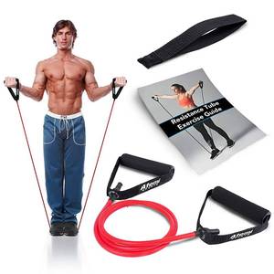 lot 10761 image: Atemi Sports Fitness Band with Handles & Door Anchor  Resistance Tube for Strength Training & Physiotherapy  Free Exercise Guide (#2 Red (Medium))
