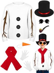lot 10766 image: SOMSOC 8 Pack Winter Frosty Costume Snowman Costume Kit White Shirt Snowman Hat with Red Band Carrot Nose Glasses Scarf Gloves for Cosplay Costume, 3-4T