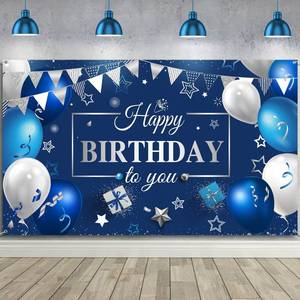 lot 10771 image: Happy Birthday Decorations Backdrop Banner, Navy Blue and Silver Birthday Party Decoration Happy Birthday Banner Sign Photo Background for Men Women Children Boys Birthday Supplies, 72.8 x 43.3 Inch