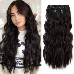 lot 10776 image: REECHO Hair Extensions, 4PCS Clip in Hair Extensions HE001 Natural Soft Synthetic Hairpieces for Women, Black Brown
