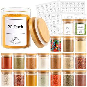 lot 10795 image: 4oz Glass Spice Jars with Bamboo Lids, 20 Pack Clear Borosilicate Glass Food Storage Containers with Wooden Airtight Lids, Cylinder Glass Bottles with Lids for Kitchen Spice Sugar Salt Coffee Tea
