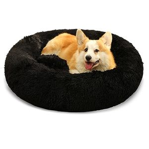 lot 10802 image: Kimpets Dog Bed Calming Dog Beds for Small Medium Large Dogs - Round Donut Washable Dog Bed, Anti-Slip Faux Fur Fluffy Donut Cuddler Anxiety Cat Bed(202735) (Medium, Black)