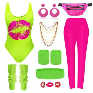 lot 10803 image: 80s Workout Costume Outfit for Women 80s Accessories Set Neon Leotard Legging Headband Wristband Temporary Tattoo S